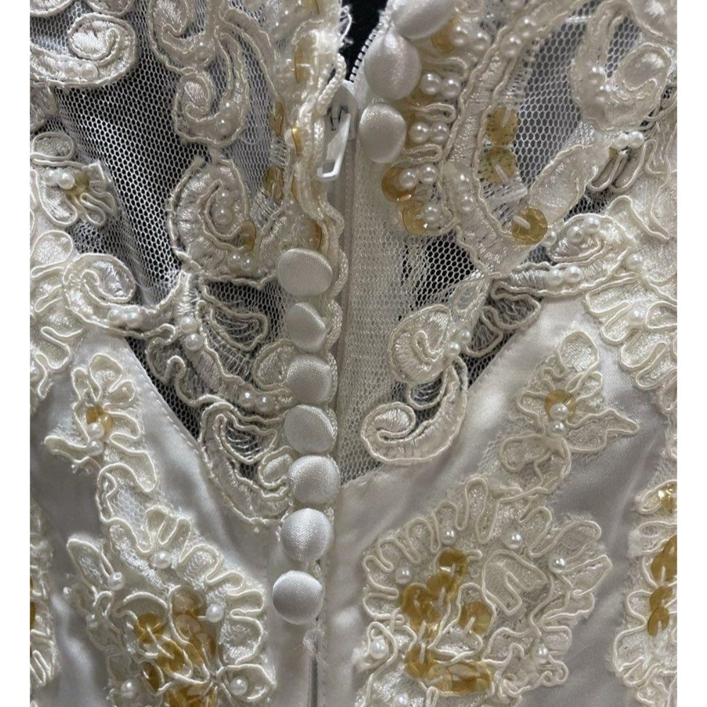 Princess Ball Gown Wedding Dress Sz 16 Faux Pearl Lace Applique Off Shoulder D30 - Picture 9 of 11
